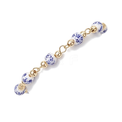 Round Flower Printed Porcelain Ceramic Beads Link Chain Bracelets for Women BJEW-JB12684-01-1