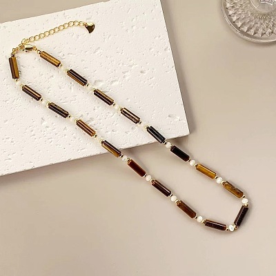 Natural Tiger Eye Column & White Shell Beaded Necklaces WN0722-1