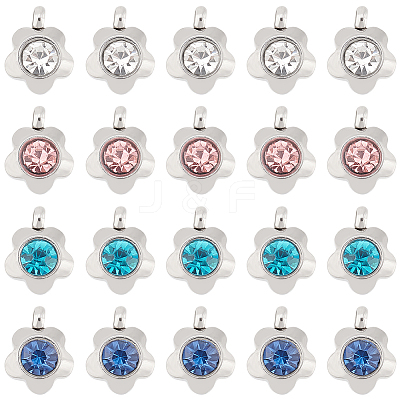 40Pcs 4 Colors 304 Stainless Steel Rhinestone Flower Charm Pendants STAS-DC0011-41-1