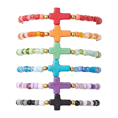 6Pcs Synthetic Turquoise Beaded Stretch Bracelets BJEW-JB11218-1