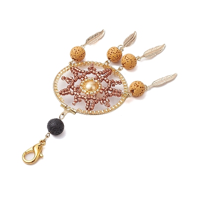 Woven Web/Net with Feather Glass Seed Beads Pendant Decorations HJEW-MZ00074-1