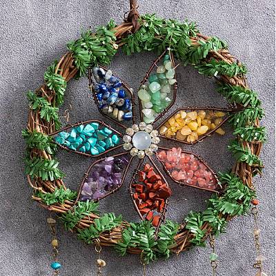 7 Chakra Natural & Synthetic Gemstone Chips Wreath Hanging Suncatchers HJEW-F023-04-1