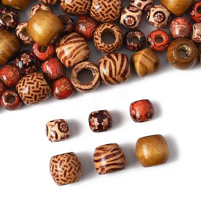 161Pcs 8 Styles Printed Natural Wood Beads WOOD-FS0001-52-1