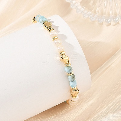 2Pcs 2 Styles Natural Lapis Lazuli and Larimar Faceted Cube Beaded Bracelet Sets with Natural Pearl for Women BJEW-JB14475-1