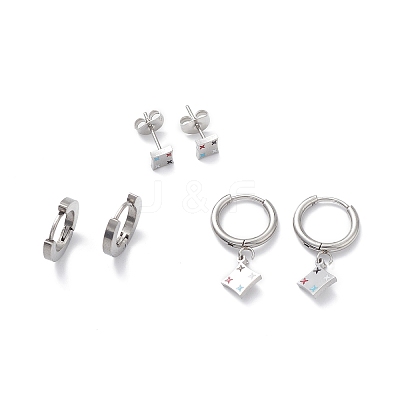3 Pairs 3 Style Enamel Rhombus with Star Dangle Hoop Earrings EJEW-B020-10P-1