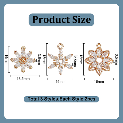 6Pcs 3 Styles Brass Micro Pave Cubic Zirconia Pendants KK-GO0002-31-1