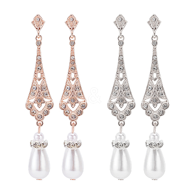 2 Pairs 2 Colors Plastic Pearl Dangle Stud Earrings with Rhinestone EJEW-AN0004-19-1