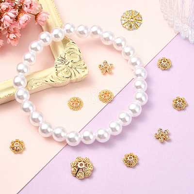 10Pcs 5 Styles Rack Plating Flower Brass Micro Pave Clear Cubic Zirconia Bead Caps KK-CJ0002-73-1
