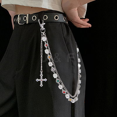 1Pc Alloy Colorful Rhinestone Flower & Plastic Pearl Link Chain Double Layer Pants Chains AJEW-GF0012-74-1