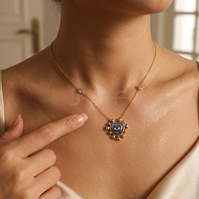 Printed 304 Stainless Steel Blue Evil Eye Heart Pendant Necklaces for Women WG502A7-03-1