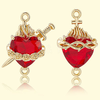 6Pcs 2 Styles Brass FireBrick Cubic Zirconia Rose Heart with Sword/Sacred Heart of Jesus Connector Charms KK-BBC0020-10-1