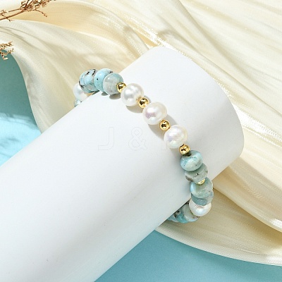 Natural Larimar Rondelle and Natural Cultured Freshwater Pearl Beaded Bracelets with Brass Round Beads BJEW-JB14417-1