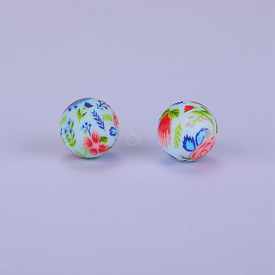 Printed Round with Flower Pattern Silicone Focal Beads SI-JX0056A-113-1