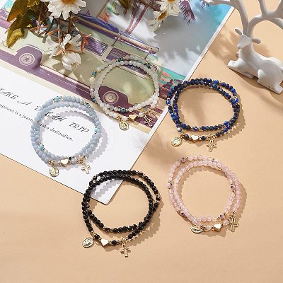 2Pcs 2 Style Natural Gemstone & Lampwork Evil Eye Beaded Stretch Bracelets Set BJEW-JB09030-1