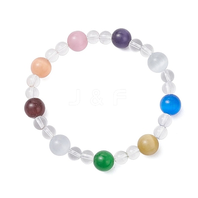 Cat Eye & Synthetic Quartz Crystal Round Beaded Stretch Bracelets BJEW-JB12246-01-1