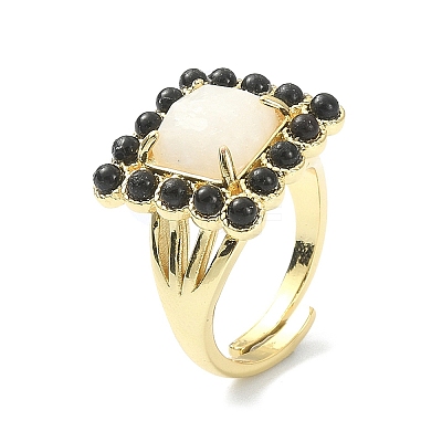 Synthetic Moonstone & Natural Black Agate Gemstone Rectangle Adjustable Ring RJEW-B030-01A-04-1