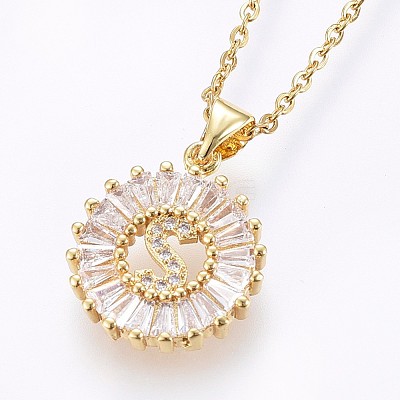 Brass Micro Pave Cubic Zirconia Initial Pendant Necklaces NJEW-H486-30G-S-1