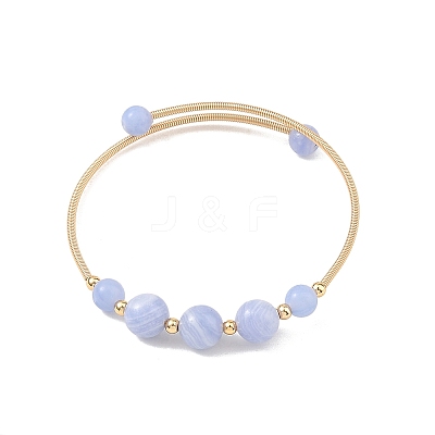 Natural Blue Lace Agate Round Graduated Beaded Brass Cuff Bangles BJEW-JB14463-02-1