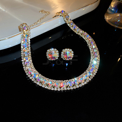 Square Brass Rhinestone Chain Necklaces & Stud Earrings Sets WG5A820-09-1