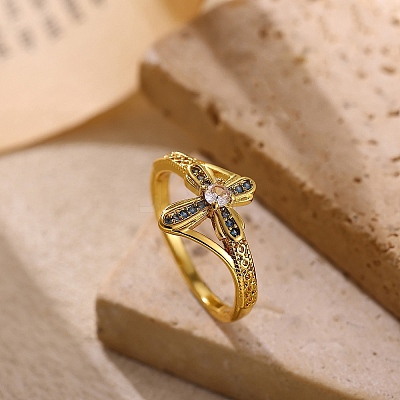 Brass Micro Pave Cubic Zirconia Finger Rings for Women RJEW-K261-11G-1