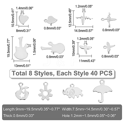 320Pcs 8 Style 304 Stainless Steel Charms STAS-DC0003-20-1