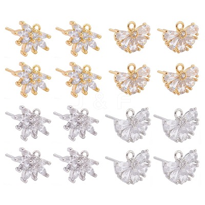 4 Pairs 2 Style Brass Micro Pave Clear Cubic Zirconia Stud Earring Findings KK-ZZ0001-07-1