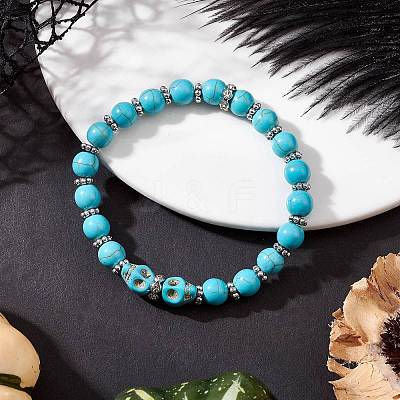Halloween Brass Crystal Rhinestone & Dyed Synthetic Turquoise Skull & Round Beaded Stretch Bracelets for Men Women BJEW-JB12254-03-1