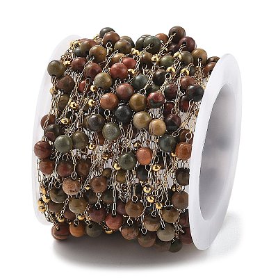 Natural Picasso Stone & 304 Stainless Steel Beads Link Chains CHS-K021-08A-10-1