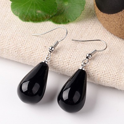 Natural Dyed & Heated Black Agate Teardrop Dangle Earrings EJEW-J086-02-1