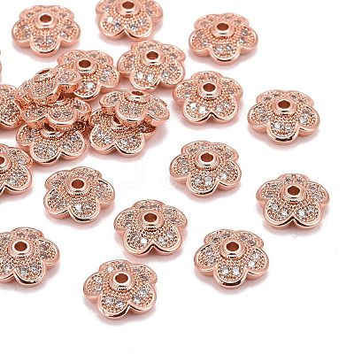 5-Petal Brass Micro Pave Clear Cubic Zirconia Bead Caps ZIRC-P001-31RG-1