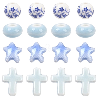 20Pcs 4 Styles Handmade Flower Printed Porcelain Ceramic Beads Strands PORC-YW0001-58-1