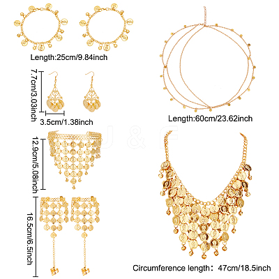 Alloy Flat Round Charms Cluster Bib Necklace & Ring Bracelet & Dangle Earrings & Headwears & Anklets SJEW-AN0001-47-1