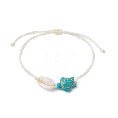 Synthetic Turquoise Turtle & Natural Shell Braided Bead Bracelet BJEW-JB09814-01-1