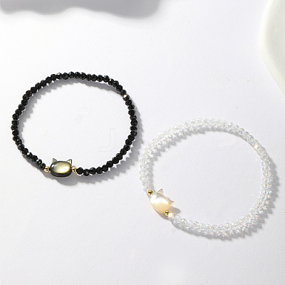 2Pcs 2 Color Natural Shell Cat & Gemstone Beaded Stretch Bracelets Set LJ6864-1