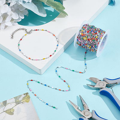 304 Stainless Steel Enamel Dapped Chains CHS-WH0010-06P-1-1