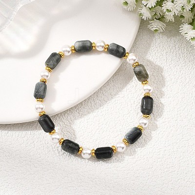 Natural Eagle Eye Stone & Shell Pearl & Brass Beads Stretch Bracelets for Women BJEW-JB13865-01-1