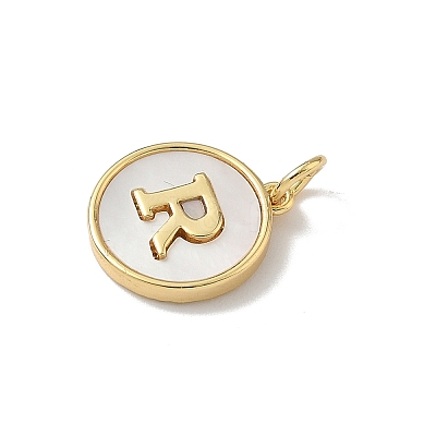 Brass Pave Natural Shell Flat Round with Letter Charms KK-Z115-13G-R-1