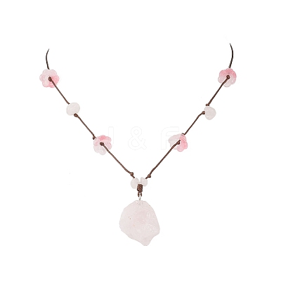 Raw Rough Natural Stone Nuggets Pendant with Handmade Lampwork Flower Adjustable Waxed Polyester Cord Necklaces for Women NJEW-TA00210-02-1