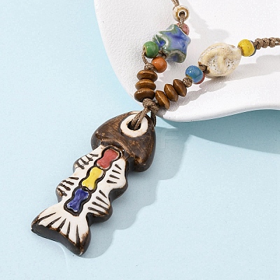 Ceramic Fish Pendant Adjustable Waxed Cord Necklaces for Women NJEW-B146-02-1