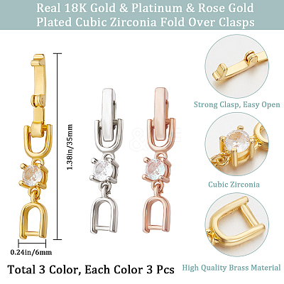 9Pcs 3 Colors Brass with Cubic Zirconia Fold Over Clasps ZIRC-BBC0002-68-1