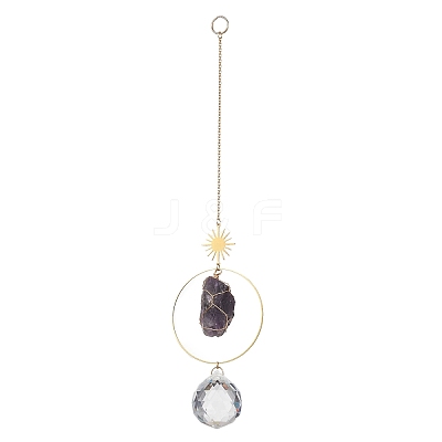 3Pcs Nuggets Natural Amethyst & Fluorite & Rose Quartz & Glass Round Hanging Suncatchers HJEW-JM04660-1