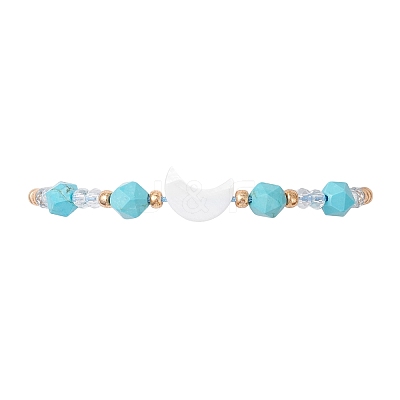 Synthetic Turquoise & Natural Freshwater Shell Moon Charm Bracelets BJEW-MZ00303-01-1