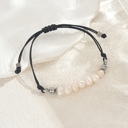 Bohemian Natural Cultured Pearl Rice Braided Bead Bracelets with 201 Stainless Steel Beads NX1549-1-1