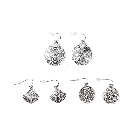 3 Pairs 3 Style Flat Round & Shell Alloy Dangle Earrings with Iron Pins EJEW-P200-07AS-1