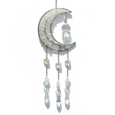 Wire Wrapped Natural Quartz Crystal Chips & Metal Moon with Tree of Life Hanging Ornaments PW-WGC1F9E-08-1