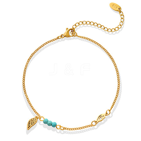 304 Stainless Steel with Synthetic Turquoise Faceted Round Beads Wing Charm Anklets for Women FS-WGB68FD-01-1