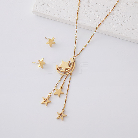 304 Stainless Steel Moon Star Stud Earrings & Tassel Necklaces Sets for Women IY3689-2-1