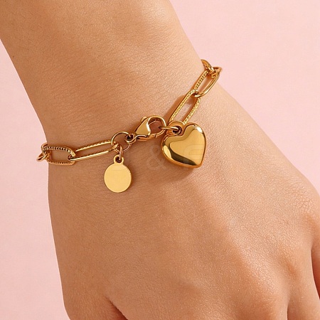 Heart & Flat Round 304 Stainless Steel Charm Bracelets SA-B005-03G-1