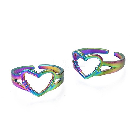 304 Stainless Steel Hollow Heart Cuff Ring RJEW-N038-053-1