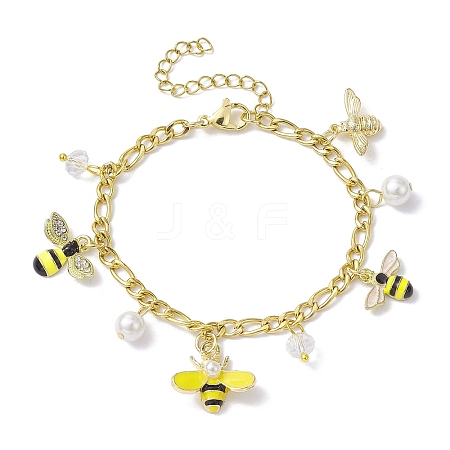 Shell Pearl & Alloy Enamel Bees Charm Bracelet BJEW-JB10040-1